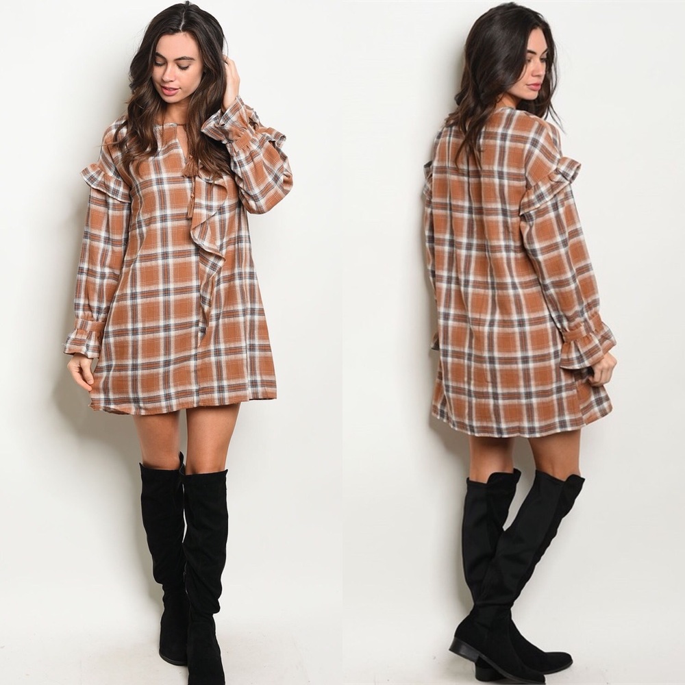 Checkered Long Sleeve Ruffled Tunic Dress